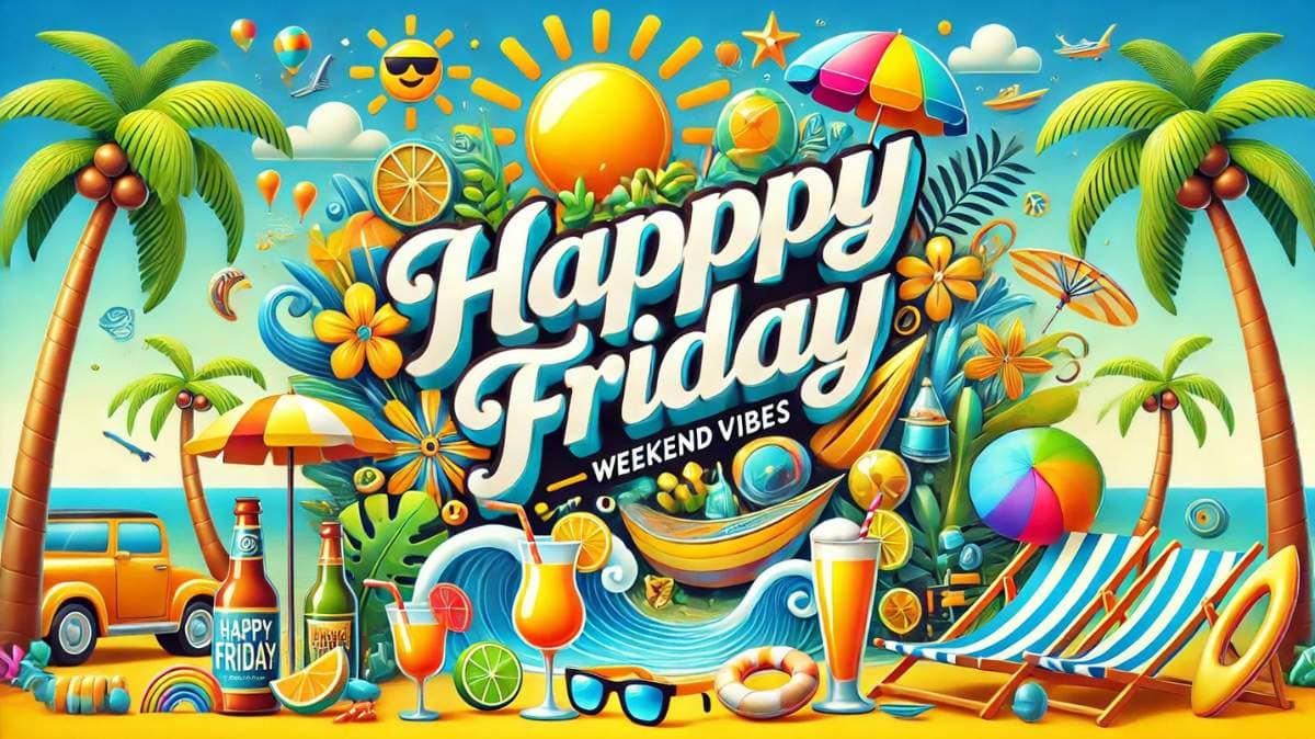 Happy Friday quote with vibrant weekend vibes to inspire relaxation and fun.