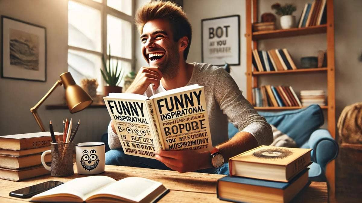 A person smiling while reading a funny inspirational quote, surrounded by books and coffee, representing the perfect blend of humor and motivation.