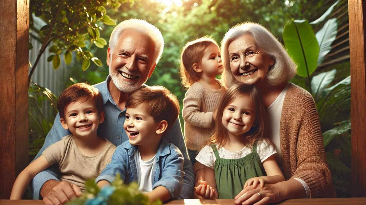 Elderly couple smiling with their grandchildren, symbolizing the joy and love of grandparents.