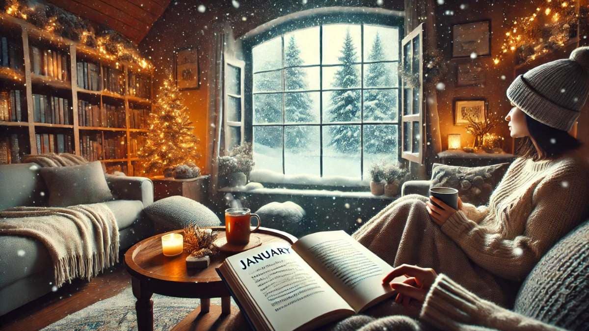 A cozy winter scene with light snowfall visible outside a large window. Inside, a person sits on a couch with a warm blanket, reading a book of January quotes.