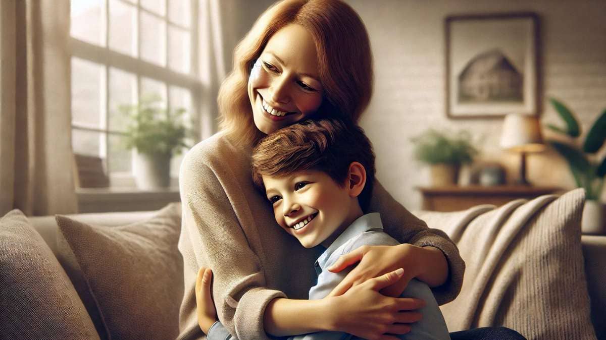 Mother embracing her son with a heartfelt smile, symbolizing the unbreakable bond between mother and son.