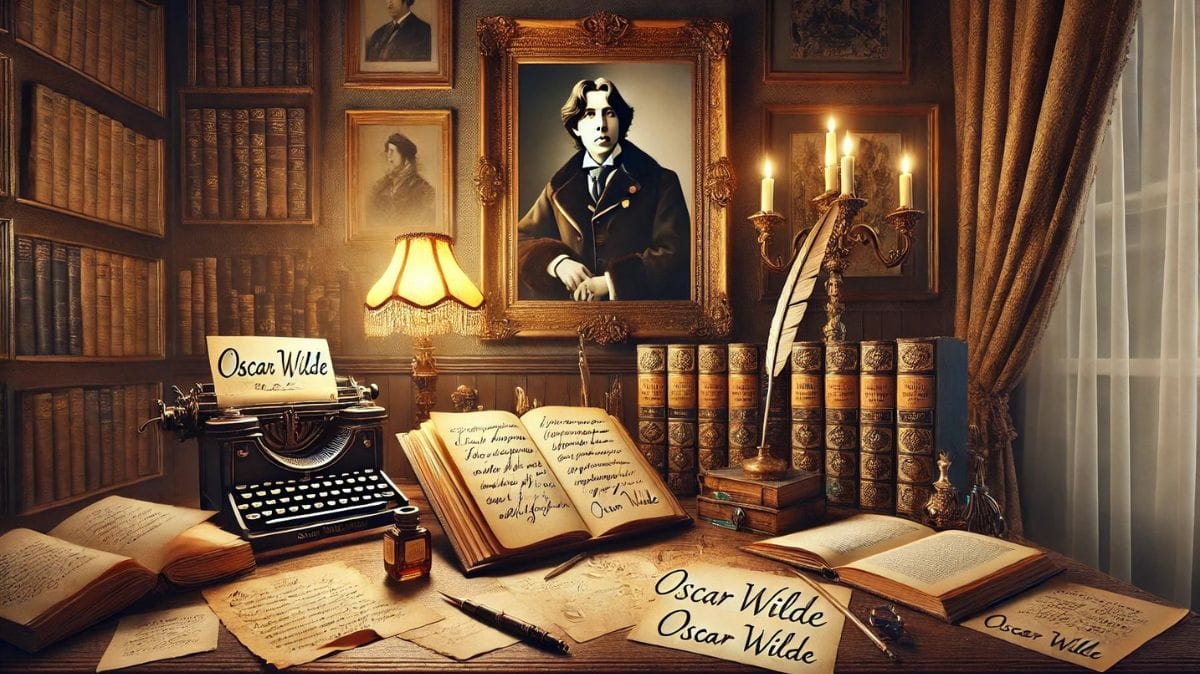 Victorian-era study with a dimly lit desk, scattered open books, quill pens, and parchment papers featuring elegantly written Oscar Wilde quotes.