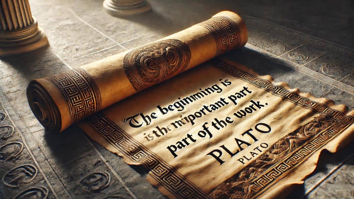 A highly realistic image of an ancient parchment scroll with a Plato quote.