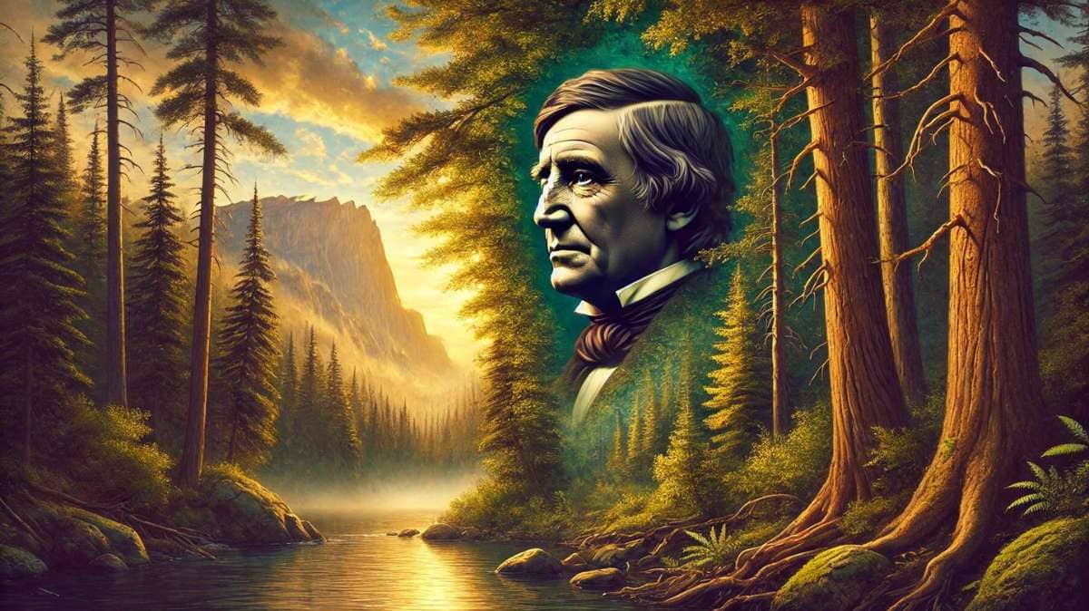 The image captures the essence of Ralph Waldo Emerson quotes, emphasizing themes of nature, transcendentalism, and introspection.