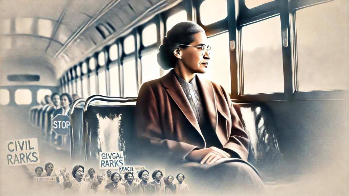 Rosa Parks sitting quietly on a bus, representing her historical role in the civil rights movement.