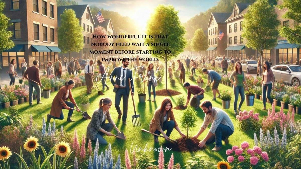 A realistic and uplifting scene inspired by the spirit of Anne Frank quotes, showing a diverse group of people coming together in a community park to plant trees and flowers.