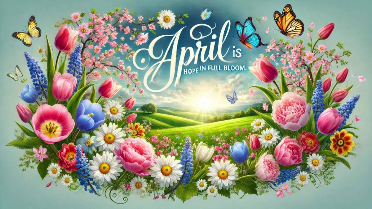 Beautiful spring scene of blooming flowers in April with a quote overlay: 'April is hope in full bloom,' symbolizing renewal and fresh beginnings.