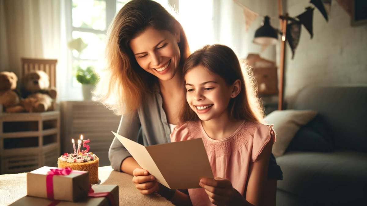 A warm, heartfelt scene of a mother and daughter celebrating a birthday in a cozy living room.