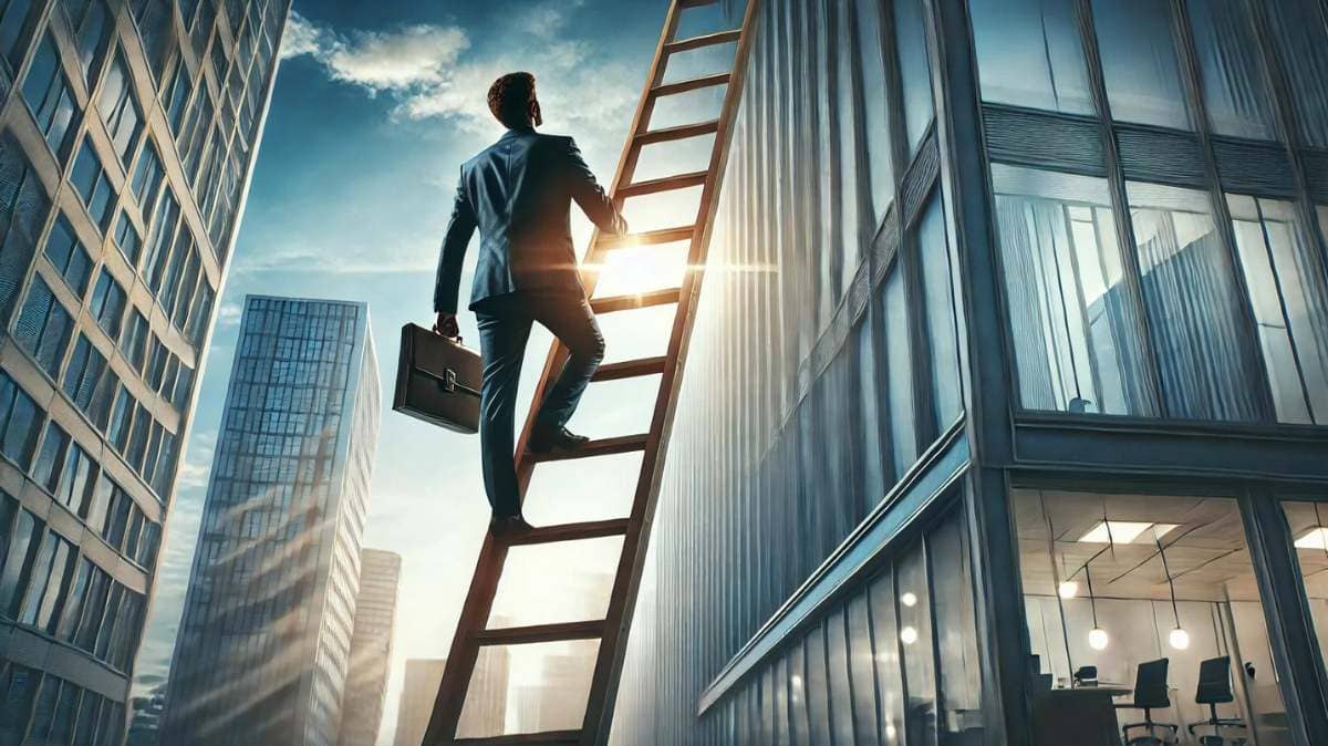 Person climbing a career ladder symbolizing growth and perseverance in achieving career success.