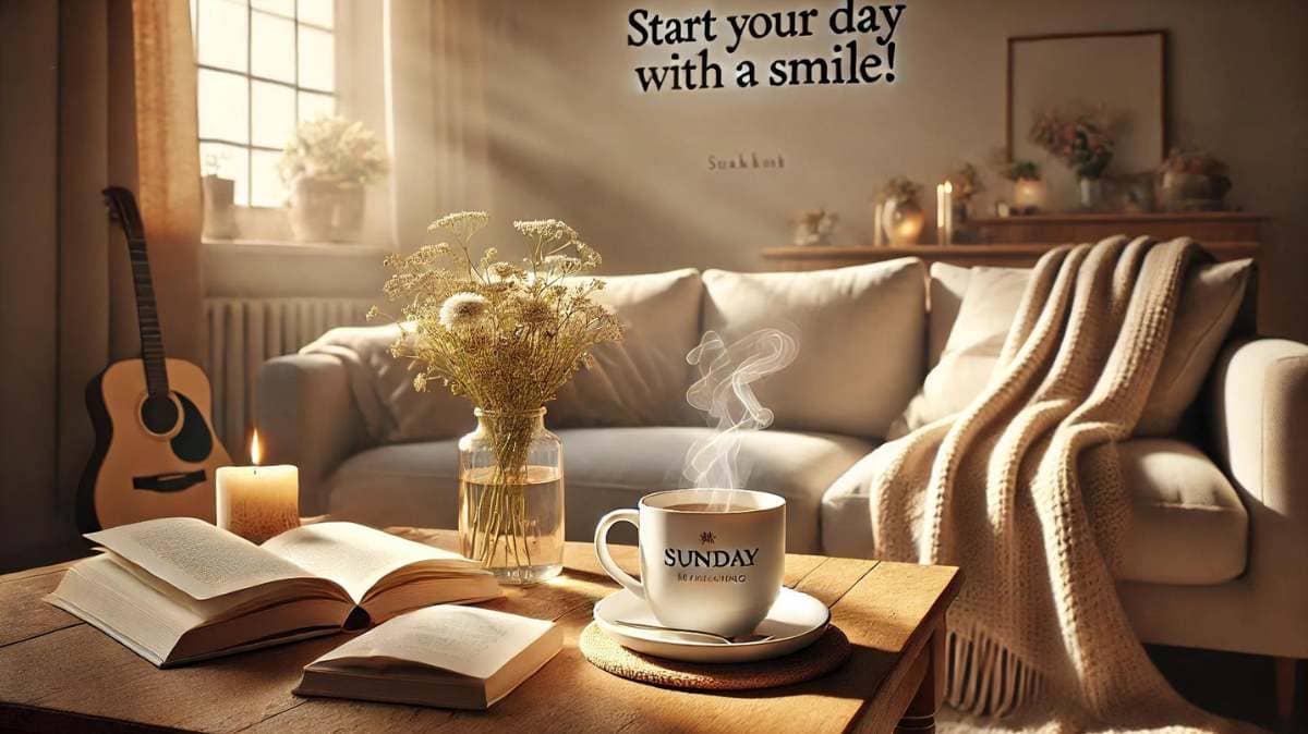 A cozy Sunday morning with a cup of coffee and a cheerful quote to inspire a positive day.