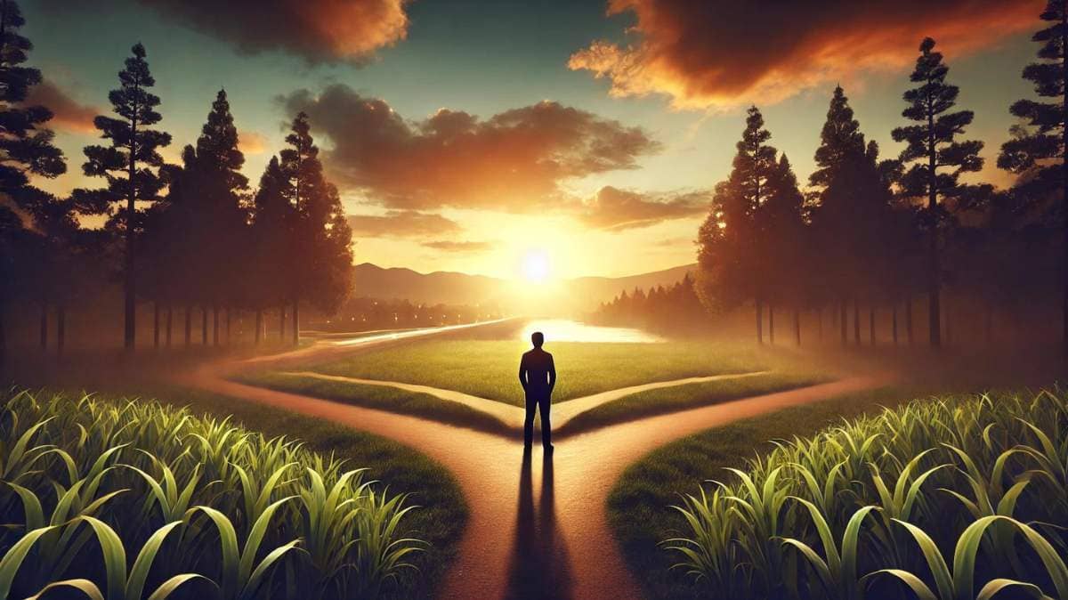 A person standing at a crossroads in a tranquil landscape at sunset, contemplating different life paths. The scene reflects the depth and importance of making life choices, with one path illuminated by soft sunlight, symbolizing hope and decision-making.