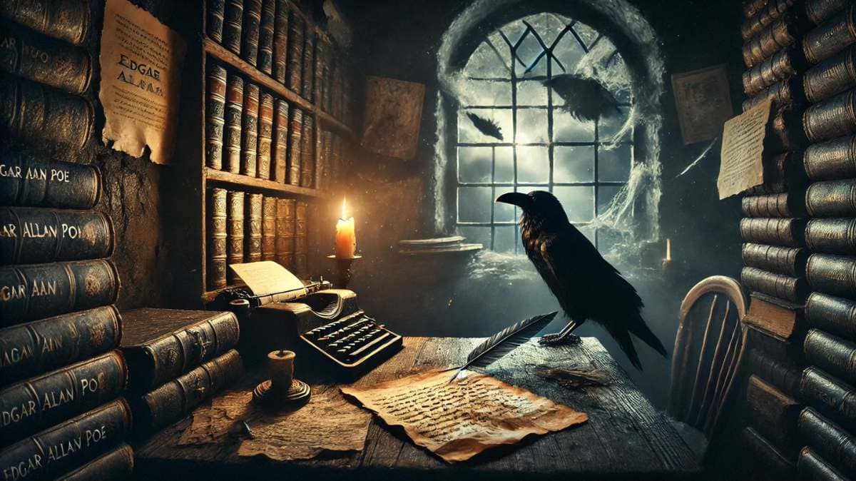 Dark gothic room with a wooden desk, quill, and parchment papers, featuring a raven perched on the desk and cobweb-covered bookshelves in the background, evoking the eerie atmosphere of Edgar Allan Poe quotes.