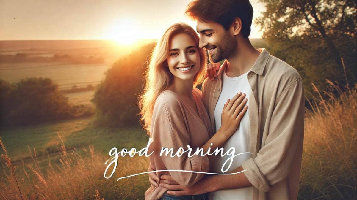 Couple smiling at sunrise with a heartfelt good morning message.