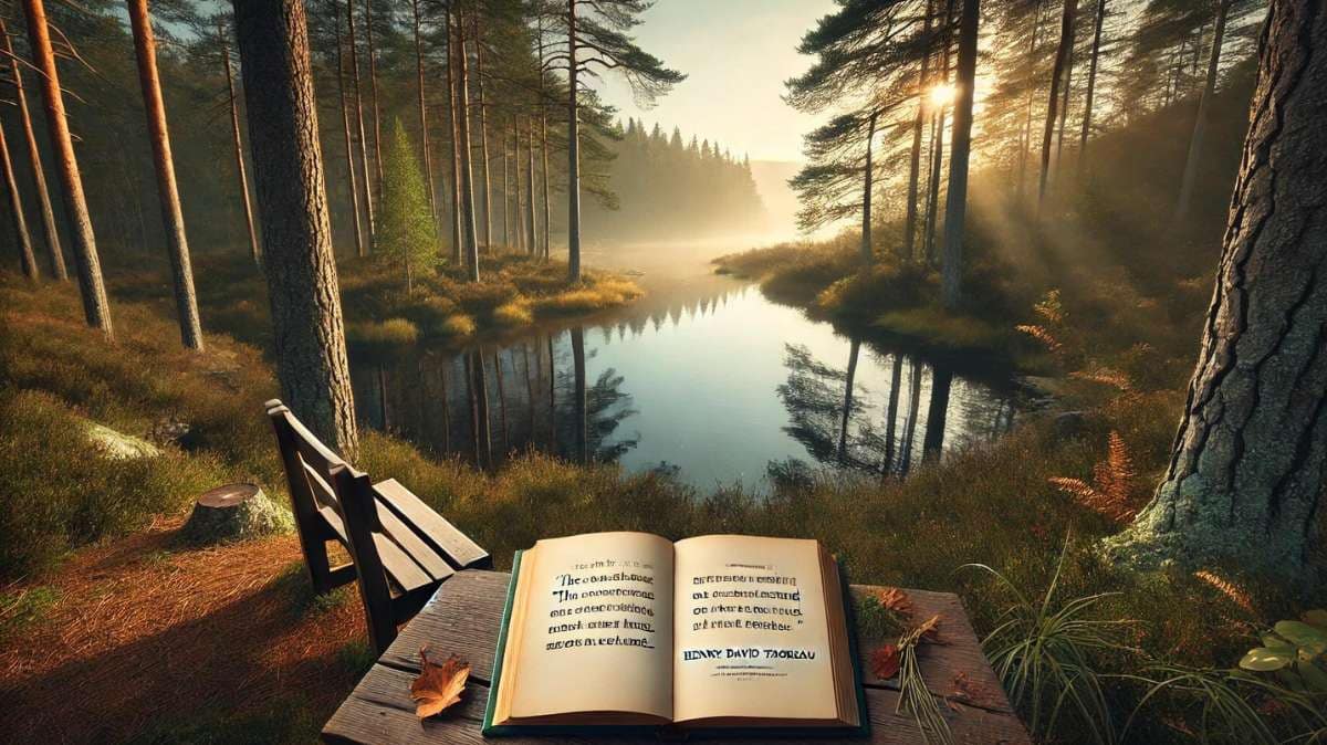 A serene natural scene at dawn, featuring a quiet pond surrounded by tall pine trees. A wooden bench sits by the water's edge, with an open book displaying a quote from Henry David Thoreau.