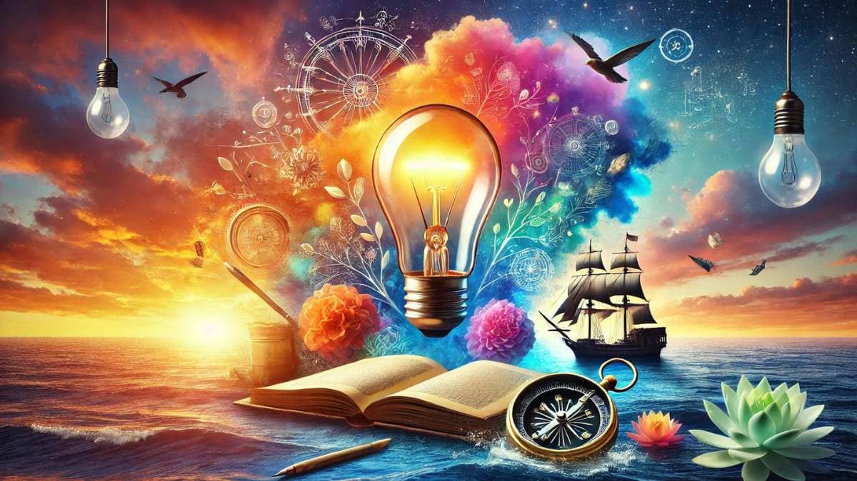 A vibrant scene featuring a glowing lightbulb symbolizing creativity, and resembles some powerful quotes from unlikely sources