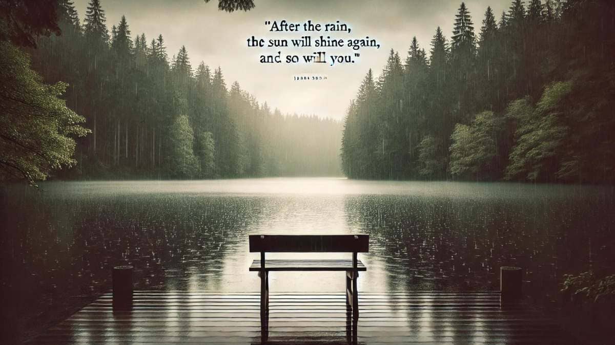 Inspirational quote about rain over a serene rainy landscape