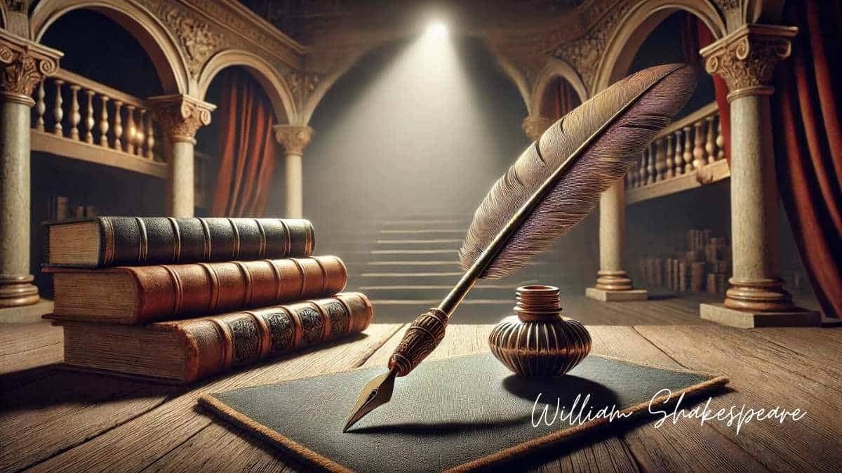 Old quill pen on a stage with a spotlight, symbolizing William Shakespeare quotes connection to writing and theater.